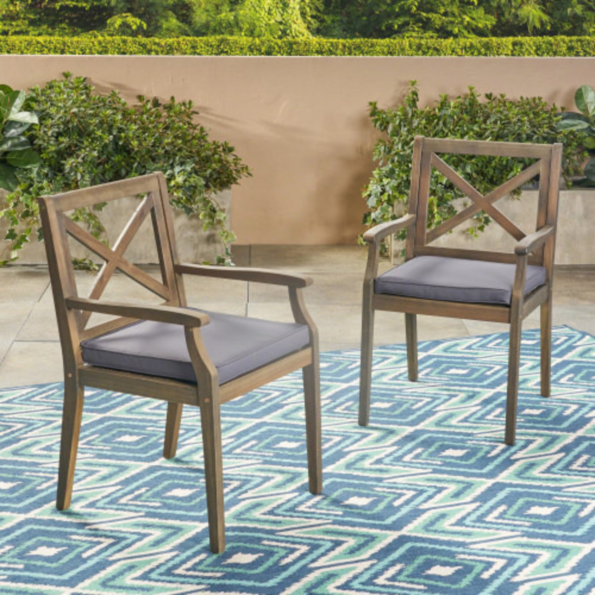 Acacia Wood Outdoor Dining Chairs with Water-Resistant Grey Cushions (Set of 2)
