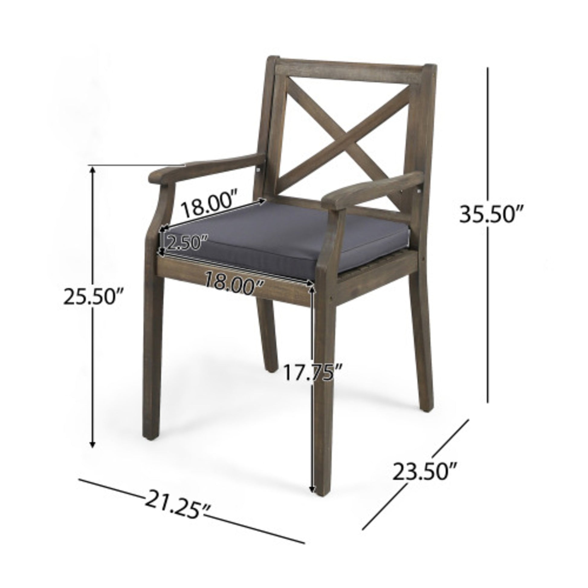 Acacia Wood Outdoor Dining Chairs with Water-Resistant Grey Cushions (Set of 2)