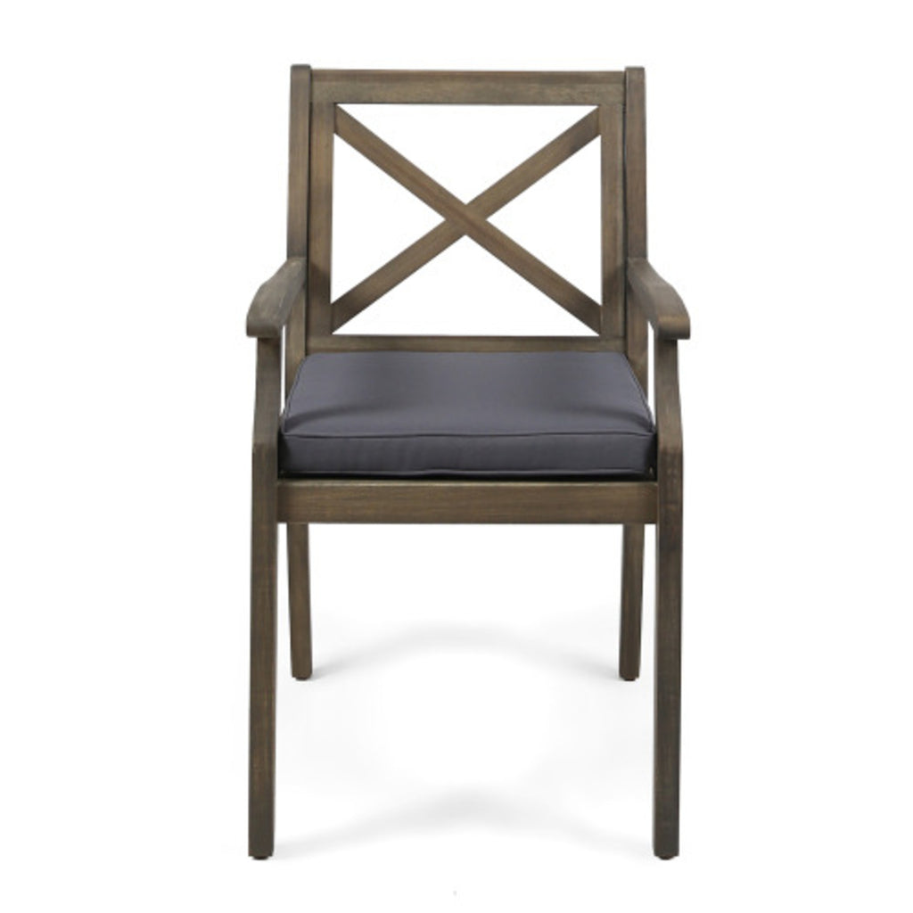 Acacia Wood Outdoor Dining Chairs with Water-Resistant Grey Cushions (Set of 2)
