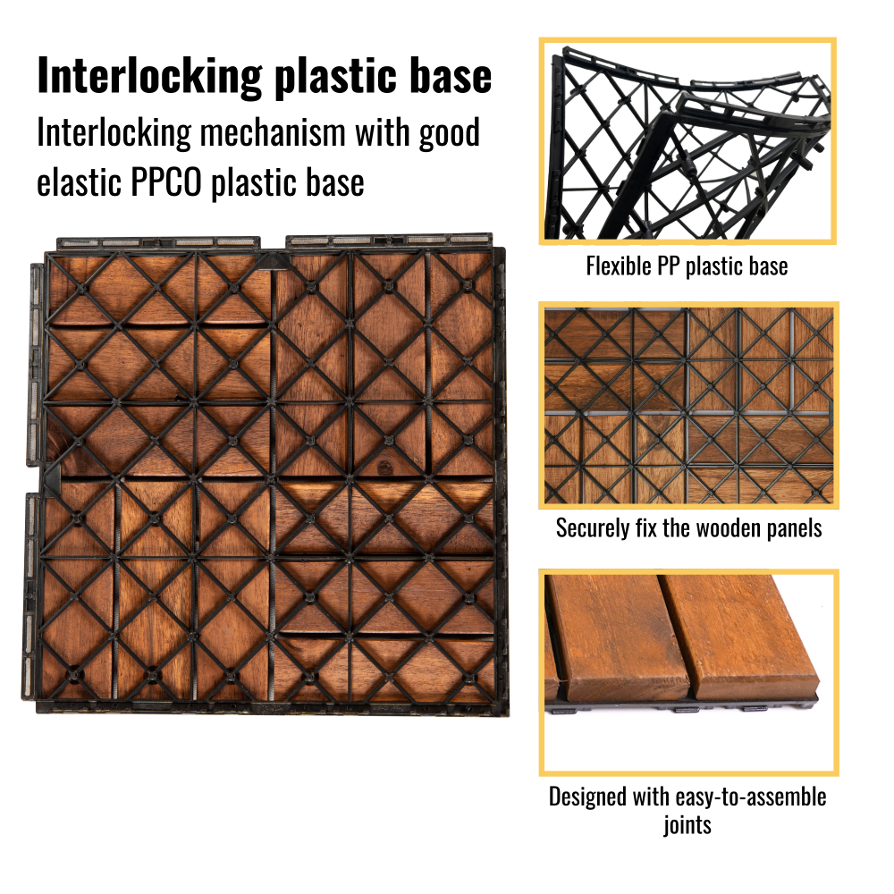 Chic Crate 10Pack 12in Checker Pattern Deck Tiles – Interlocking Brown Acacia Hardwood Flooring