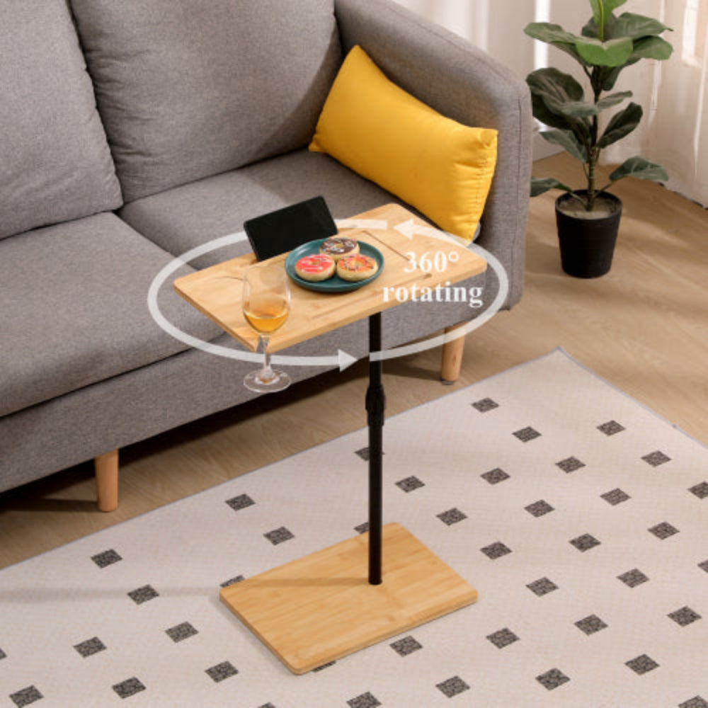 Bamboo C-Shaped Couch Tray Table, Height Adjustable with 2 Tiers & Slots, Versatile Sofa Side Table for Living Room & Bedroom