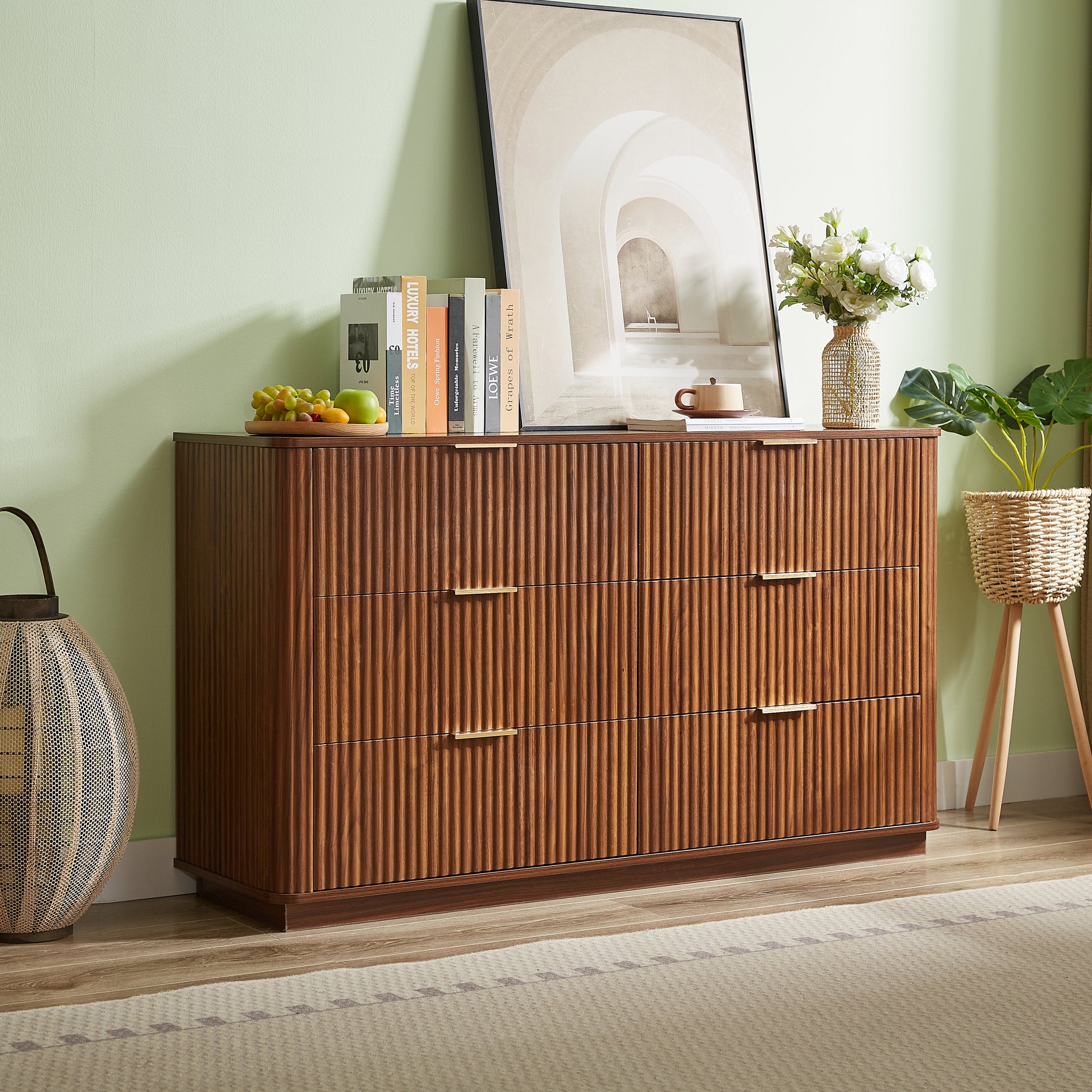 6 Drawers Dresser,55' Wide Modern Chest of Drawers Curved wave Design, Dresser TV Stand, Wood Drawer Organizer for Bedroom, Living Room, Hallway, Walnut,55.12''W x 15.75''D x 31.5''H.