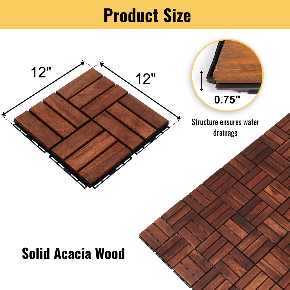 Chic Crate 10Pack 12in Checker Pattern Deck Tiles – Interlocking Brown Acacia Hardwood Flooring