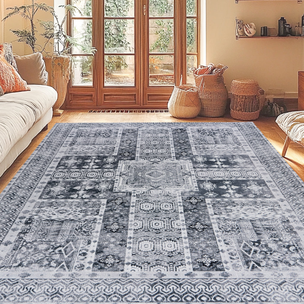 5x7ft Washable Vintage Area Rug, Thin Foldable Non-Slip Distressed Floral Carpet for Bedroom Living Room Bathroom