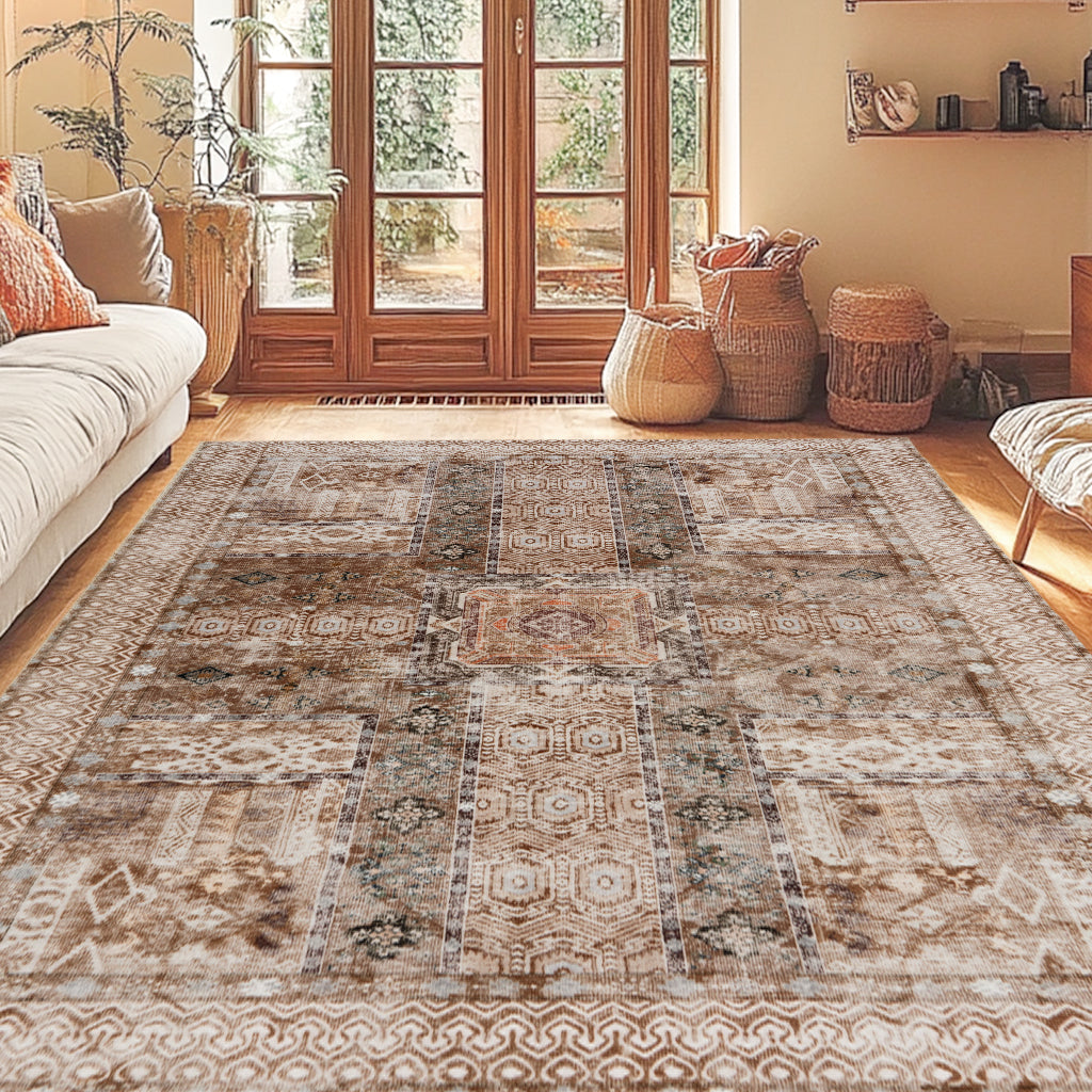 5x7ft Washable Vintage Area Rug, Thin Foldable Non-Slip Distressed Floral Carpet for Bedroom Living Room Bathroom