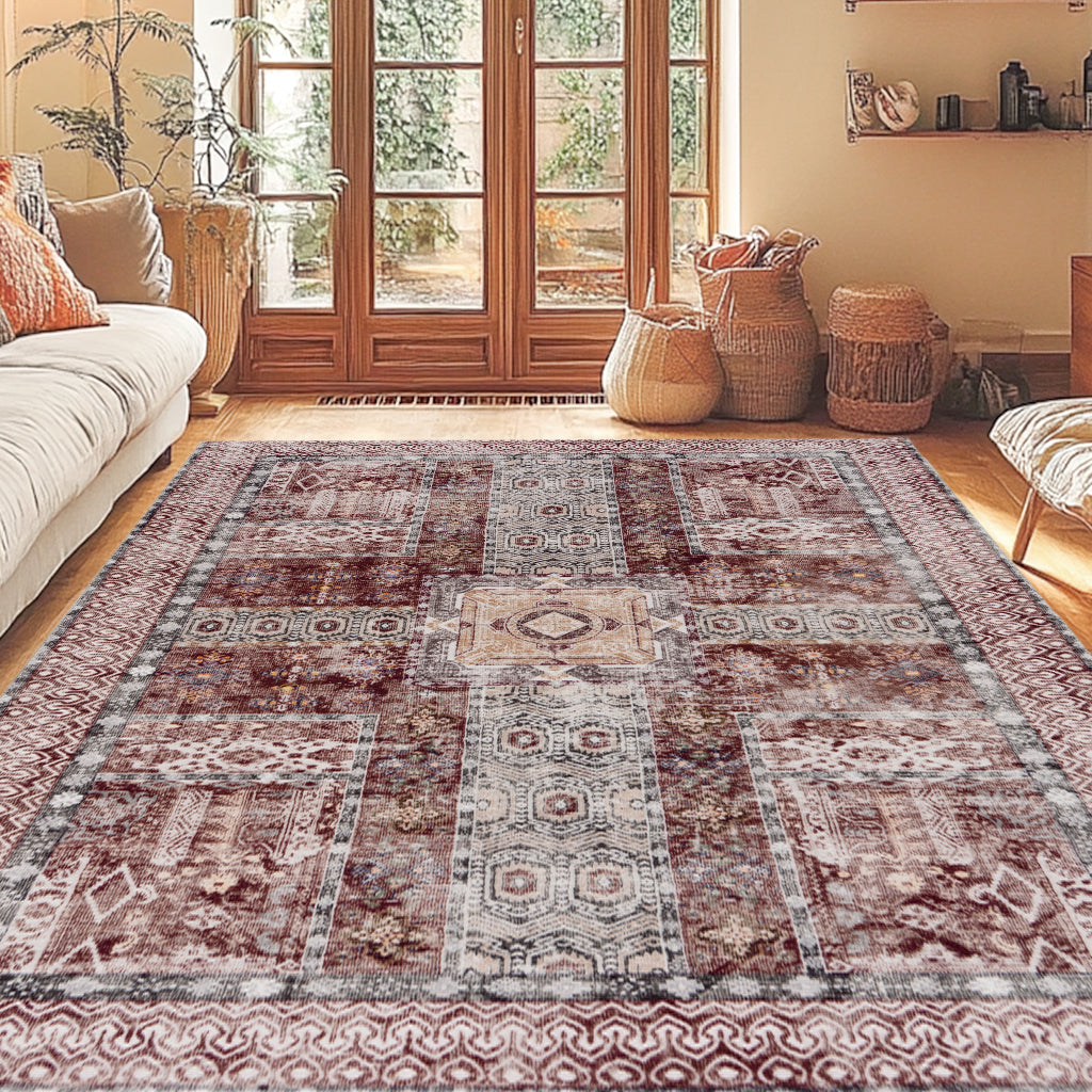 5x7ft Washable Vintage Area Rug, Thin Foldable Non-Slip Distressed Floral Carpet for Bedroom Living Room Bathroom
