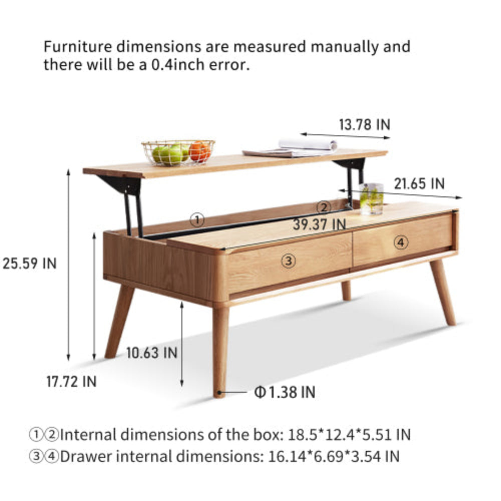 Solid Oak Wood Elevating Coffee Table, 100x60x45cm, Multi-Use as Center Table & Study Desk, Built-in Storage Shelf, Easy Assembly for Home Office