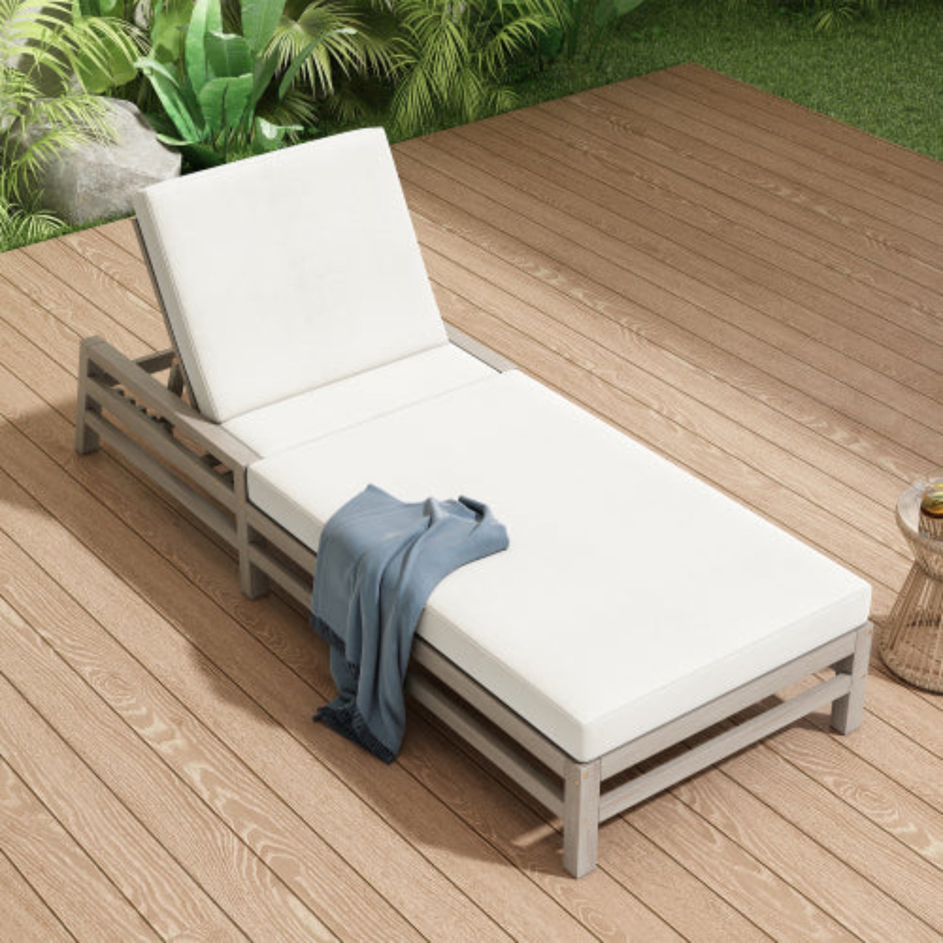 5-Position Adjustable Outdoor Chaise Lounge Solid Wood with Cushions for Pool and Balcony