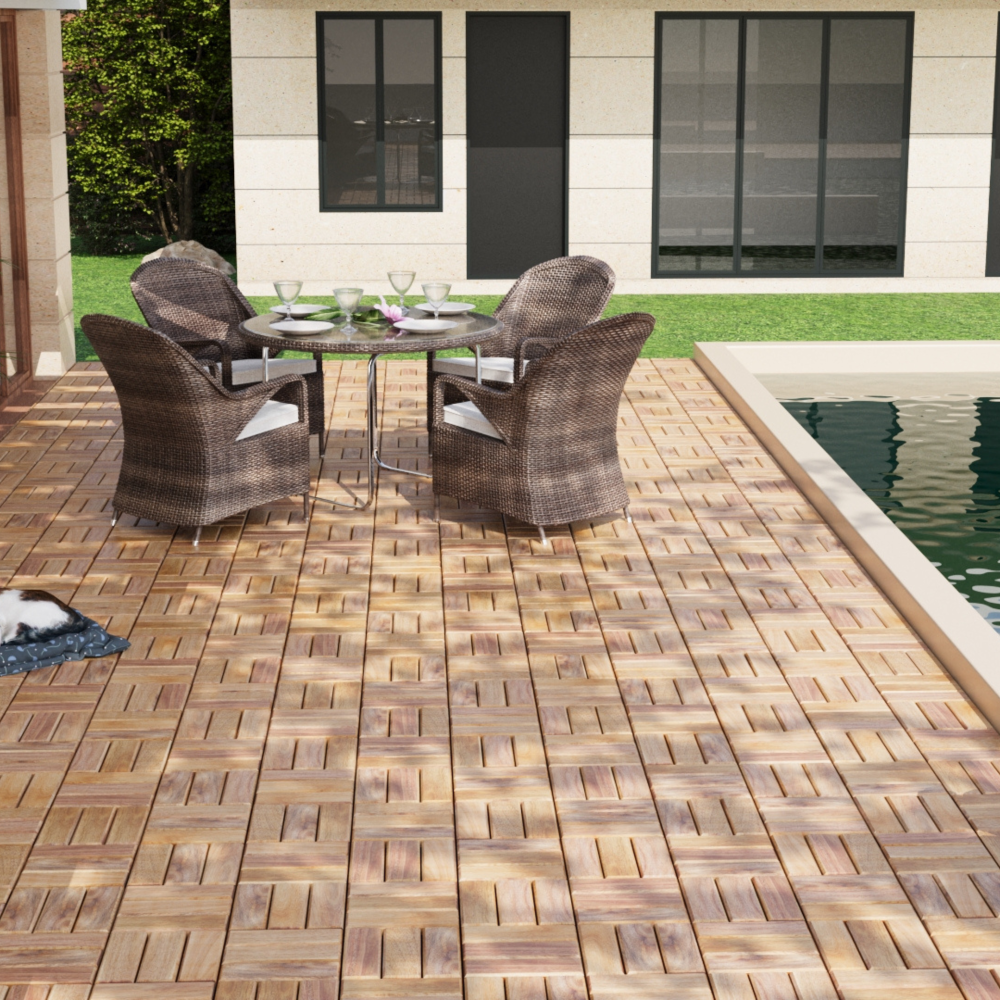 Chic Crate 10Pcs 12'' Yellow Acacia Hardwood Interlocking Deck Tiles – Checkerboard Pattern