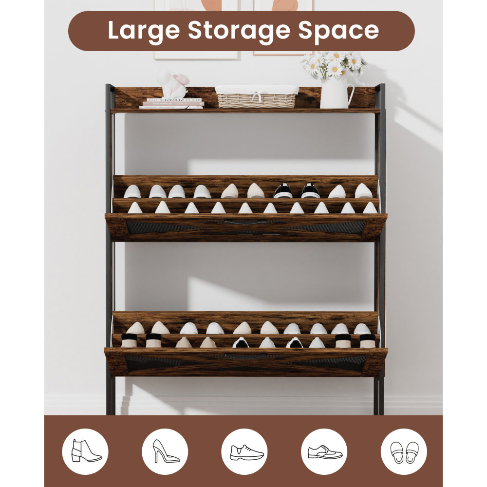 Chic Crate-2-Drawer Flip-Top Shoe Cabinet – Narrow | Entryway | Metal Legs | Rustic Brown | 31.5inx8.5inx39.5in