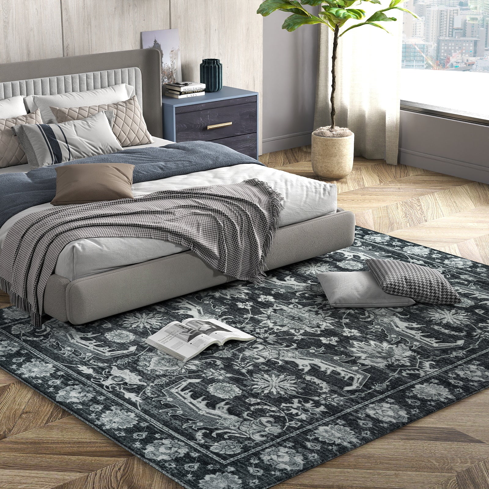 5x7ft Washable Vintage Area Rug, Thin Distressed Non-Slip Carpet for Living Room Bedroom, Kitchen Dining Room Decor