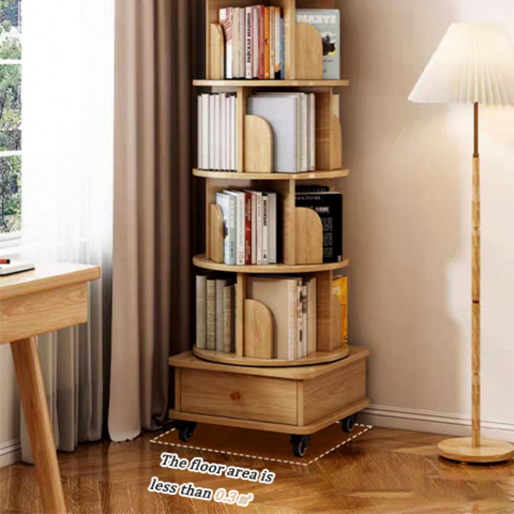 Chic Crate-5-Tier Rotating Bookshelf – 360° Display | Wheels+Drawer | Space-Saver | Bedroom/Living Room/Office | Wood