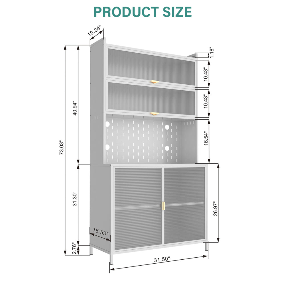 Chic Crate 73'' Tall 6-Level Flip-Door Pegboard Metal Pantry Cabinet – Anti-Tip Hutch for Kitchen/Dining/Living Room