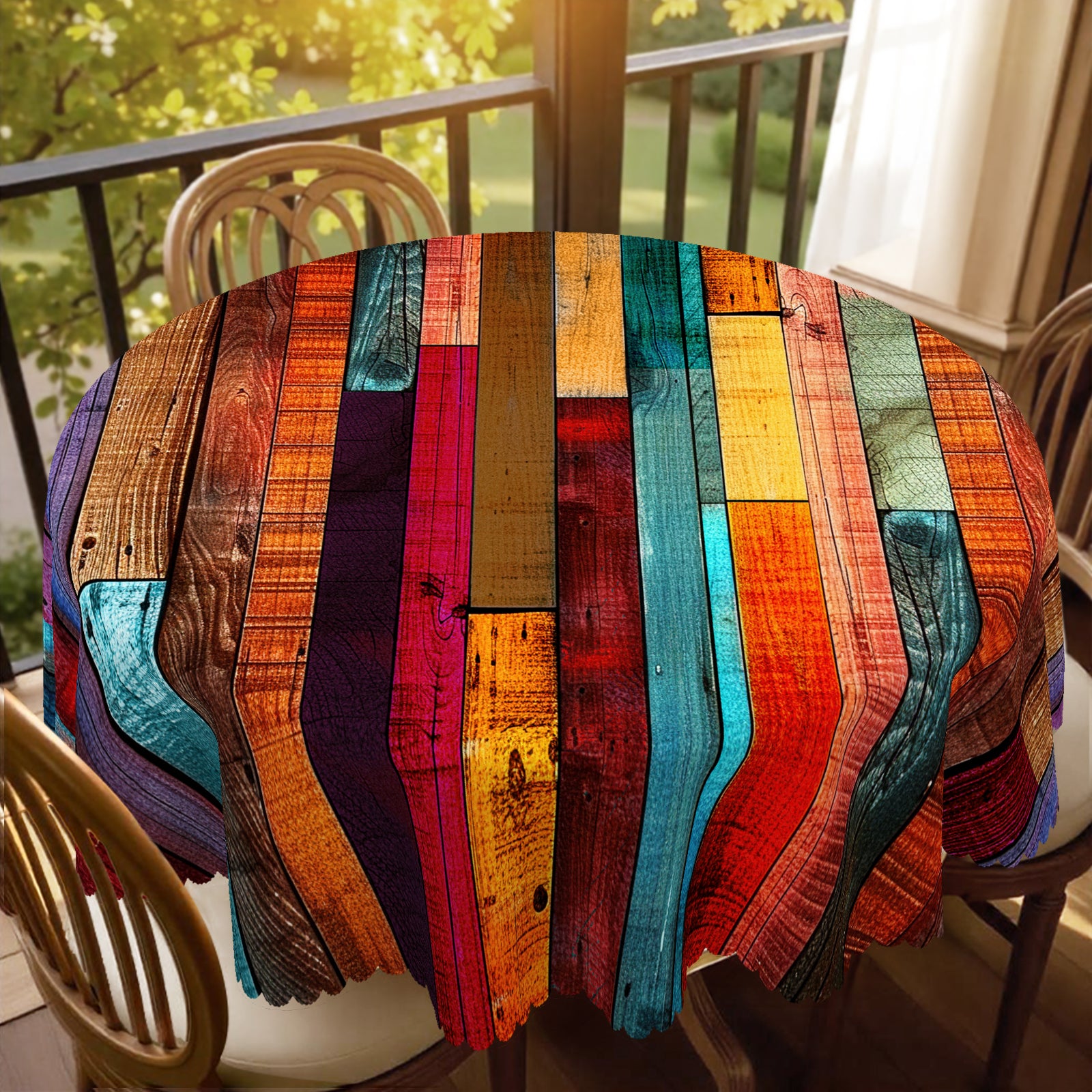Colorful Wooden Plank Tablecloth, 60 inch round Dustproof Easy-Care Dining Table Cover for Indoor Outdoor Use and Festive Home Decor