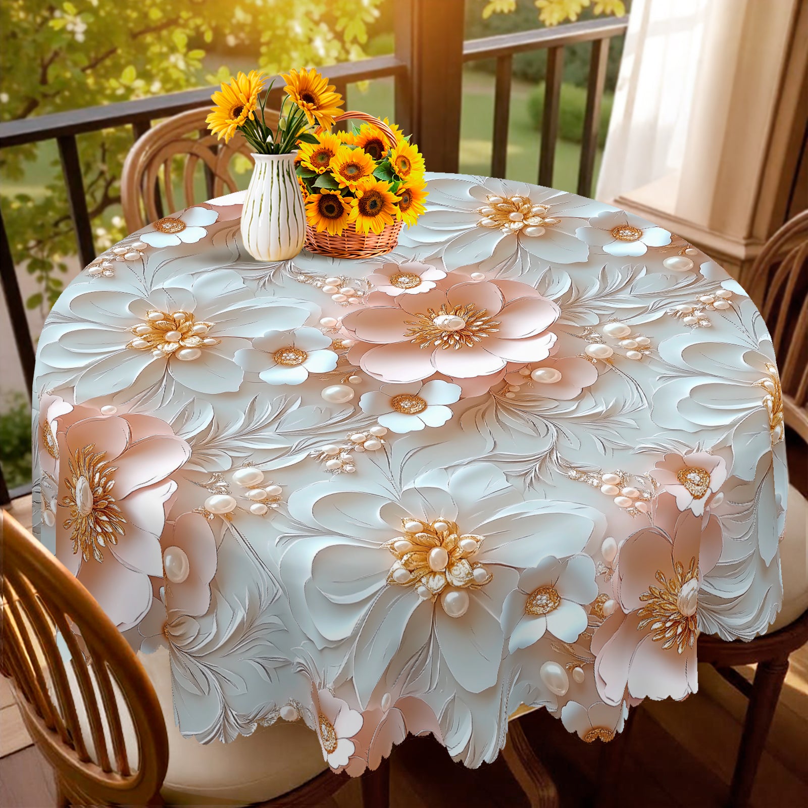 Floral Tablecloth with Colorful Flowers, Dustproof Easy-Care Dining Table Cover for Indoor Outdoor Use and Festive Home Decor