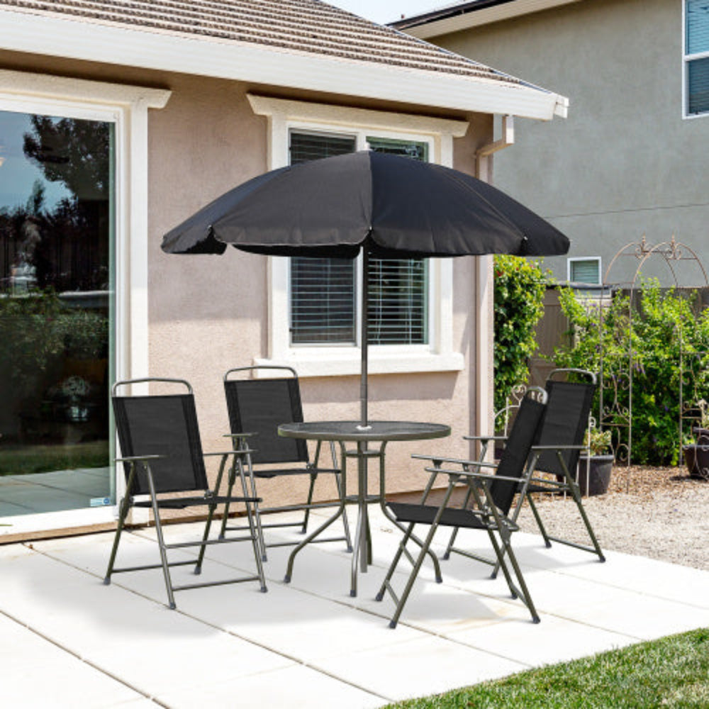 6-Piece Patio Dining Set for 4 with Umbrella, 4 Folding Chairs & Round Glass Table, Outdoor Furniture for Garden, Backyard and Poolside Black