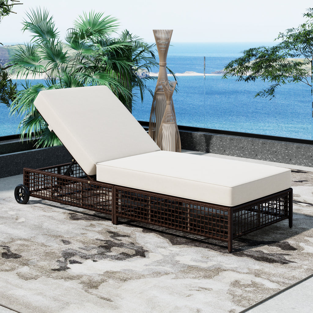 Outdoor Lounge Chair Set of 2, Patio Chaise Lounge with 5-Position Backrest, Rattan Outdoor Lounge Chair with Cushion and Wheels for Poolside, Backyard, Garden