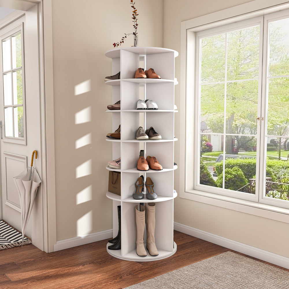 Chic Crate 6-Tier Rotating Shoe Rack Tower, 360° Revolving Free Standing Organizer, Holds 24 Pairs – White