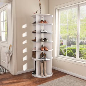 Chic Crate 6-Tier Rotating Shoe Rack Tower, 360° Revolving Free Standing Organizer, Holds 24 Pairs – White