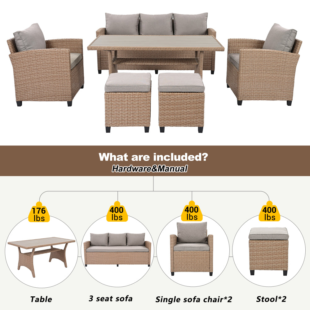 Chic Crate-Rustic Outdoor Wicker Set – 6-Piece Patio Furniture w/ Rattan Sofa, Chairs & Table | Natural Finish | Multi-Room