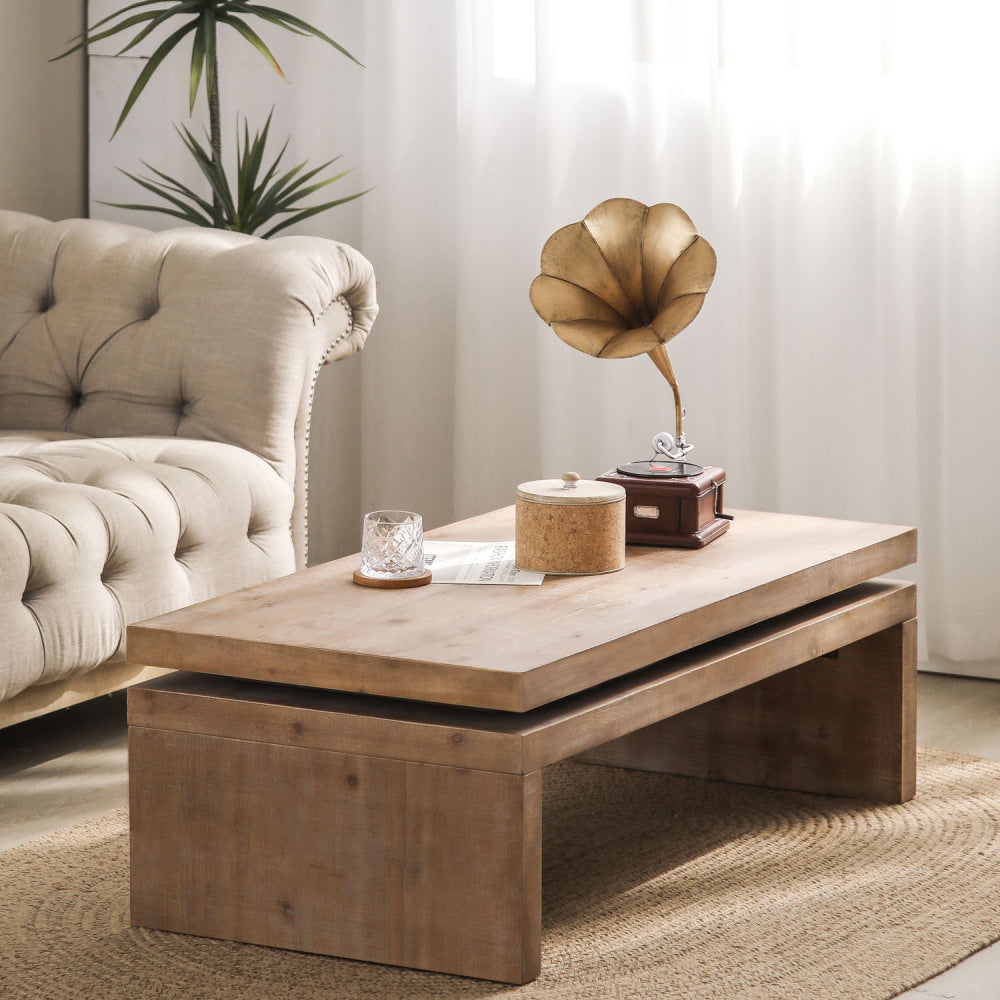 Chic Crate - Modern Rustic Wood Coffee Table with Natural Wood Grain Texture - Rectangular Living Room Center Table 47.6" L * 23.6" W * 16.3" H