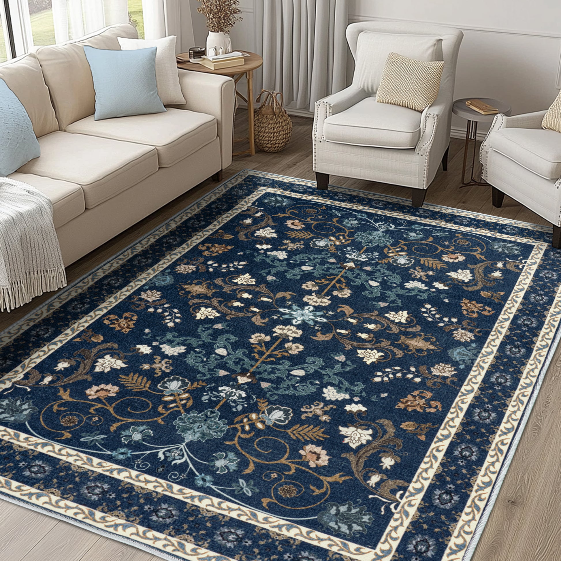 Area Rugs for Living Room Vintage Floral Non-Slip Rug Stain Resistant Low Pile Carpets for Bedroom Dining Room Farmhouse