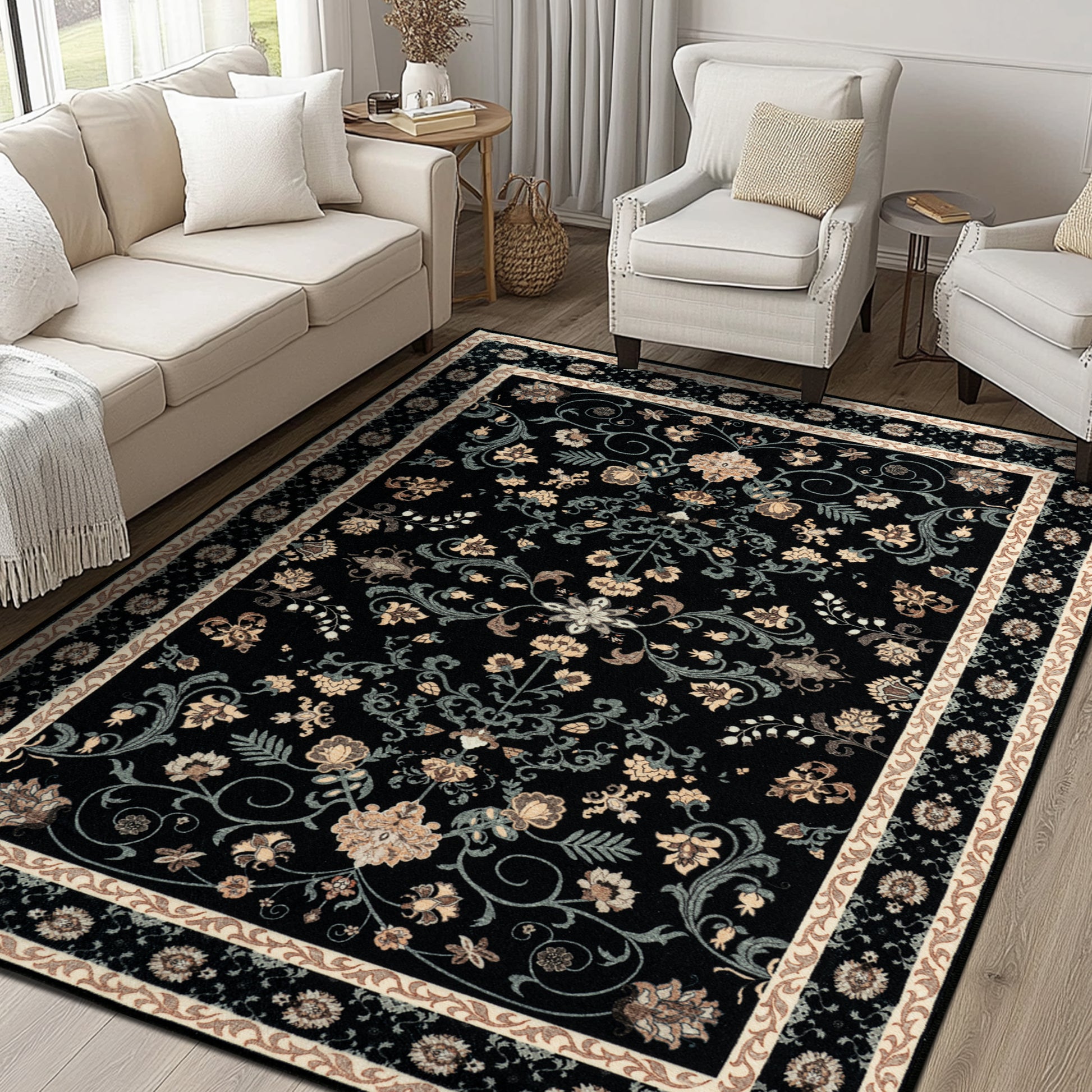 Area Rugs for Living Room Vintage Floral Non-Slip Rug Stain Resistant Low Pile Carpets for Bedroom Dining Room Farmhouse