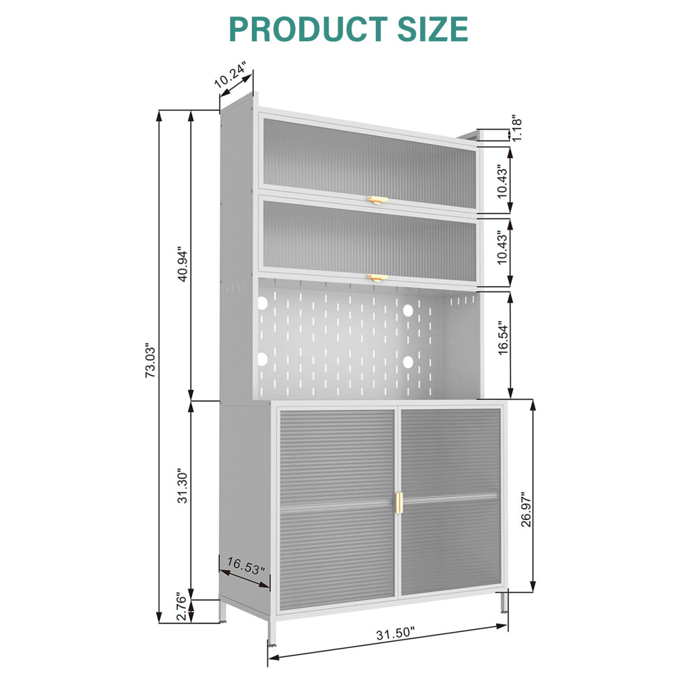 Chic Crate 73'' Tall 6-Level Flip-Door Pegboard Metal Pantry Cabinet – Anti-Tip Hutch for Kitchen/Dining/Living Room