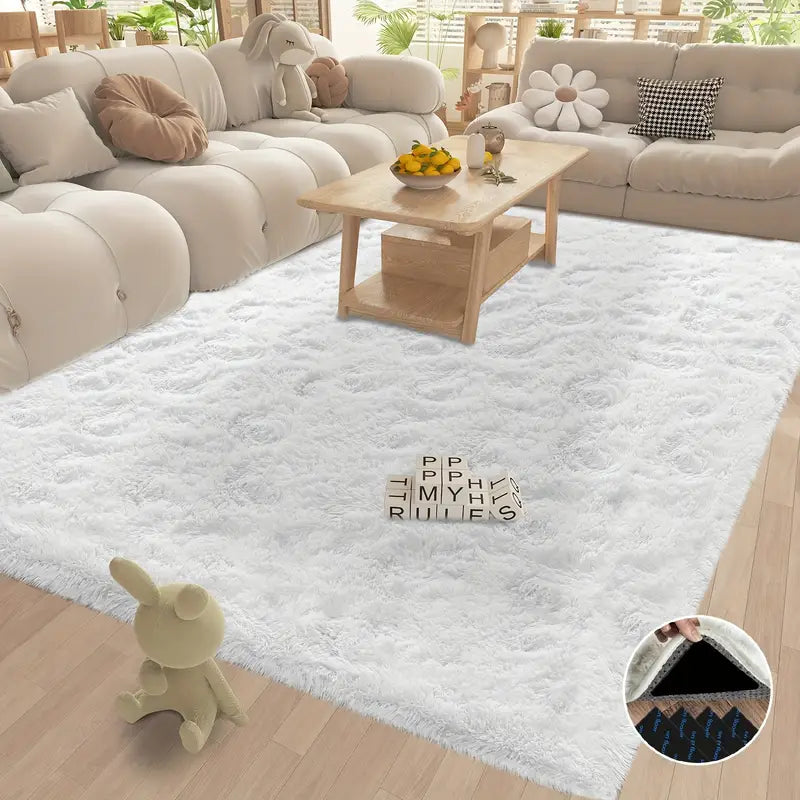 White Shaggy Area Rug with 4 Reusable Stickers, Super Soft Fluffy Non-Slip Carpet for Living Room