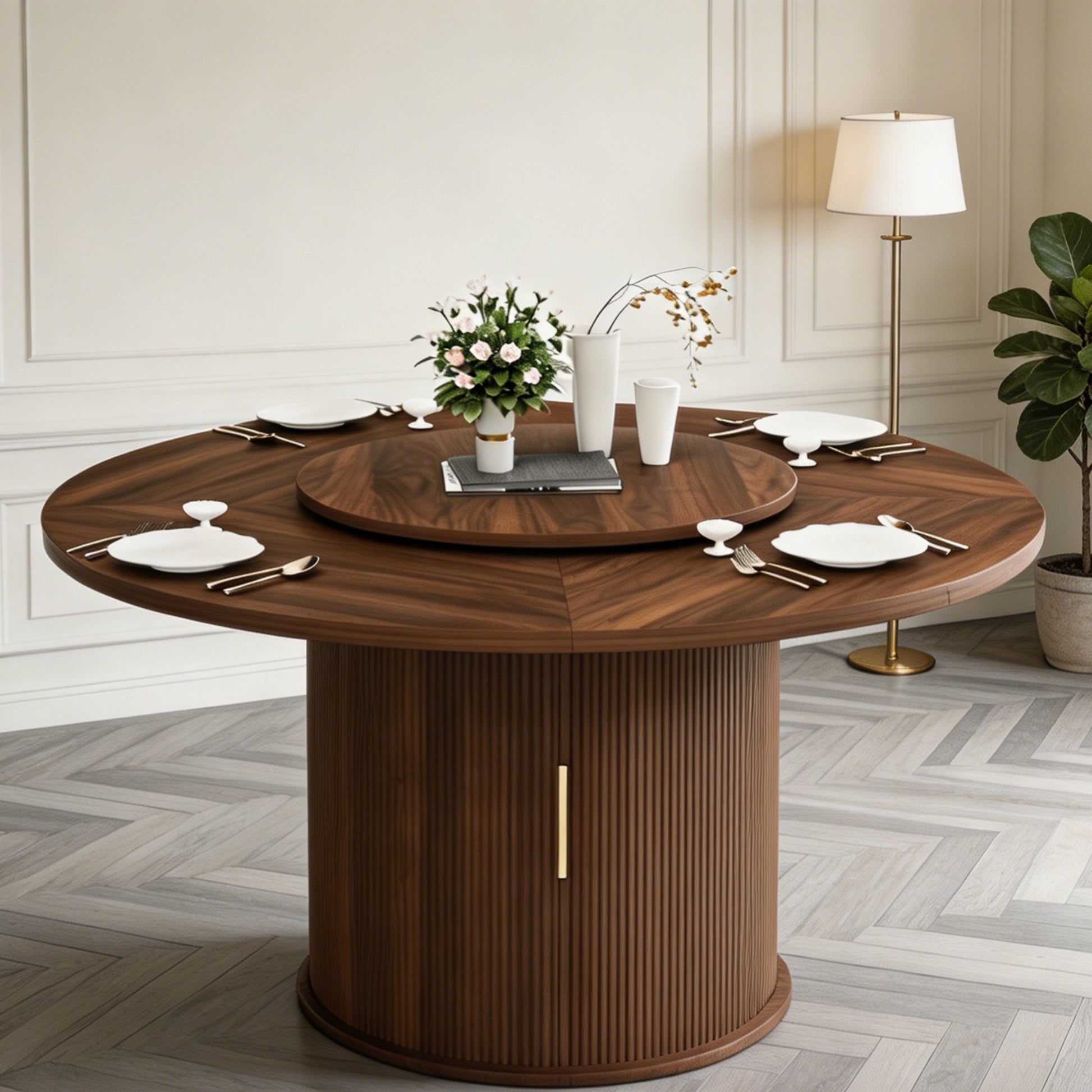 Round Dining Table with Rotating Tray, Double-Tier Storage Rack with Wavy Striped Sliding Doors