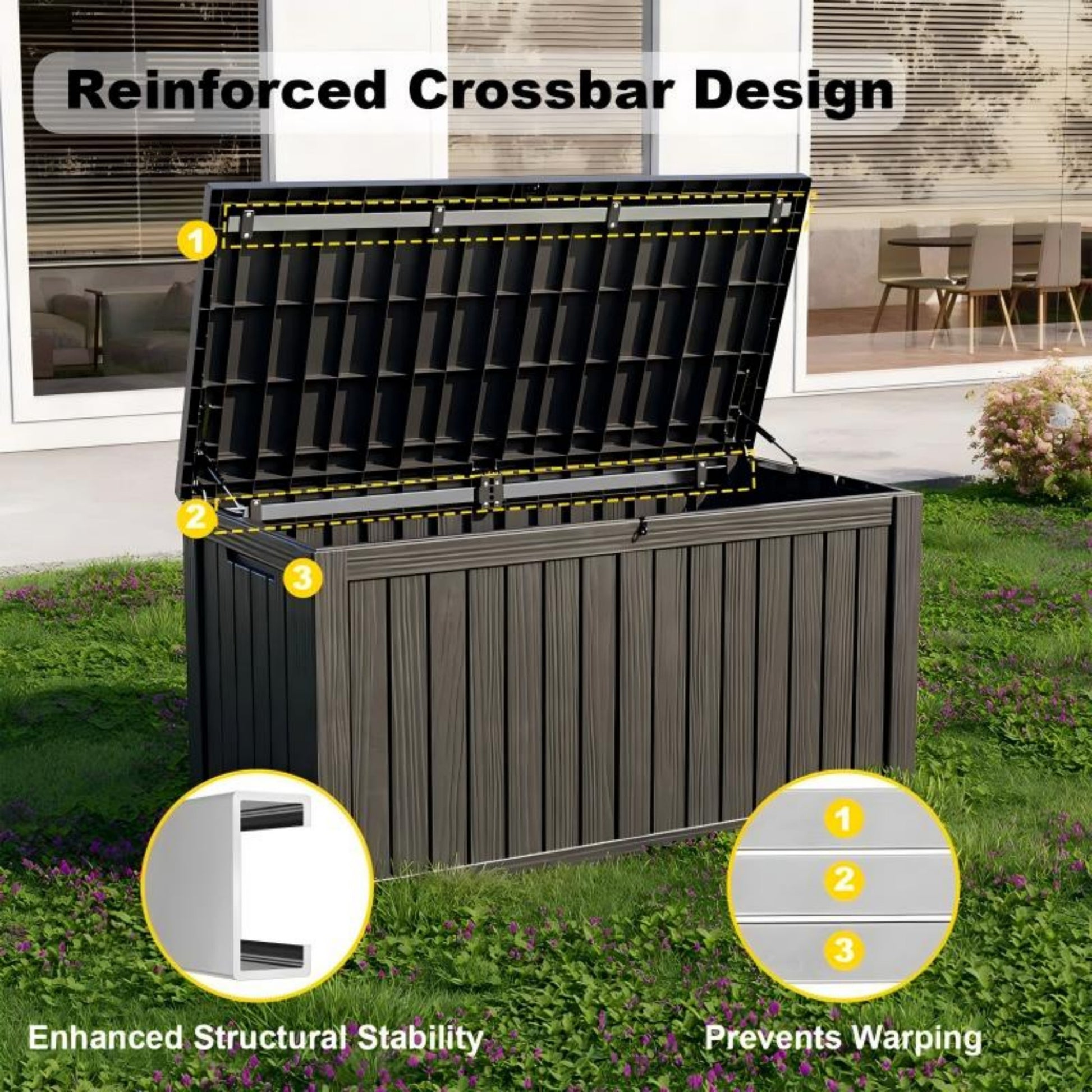 150 Gallon Resin Deck Box, Water-Resistant Lockable Outdoor Storage Box for Patio Organization