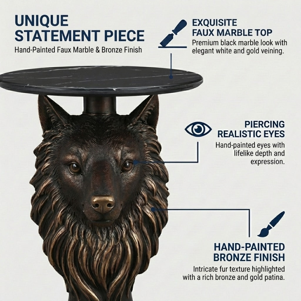 Wolf Head Accent Table, Animal Statue End Table for Living Room Home Decor