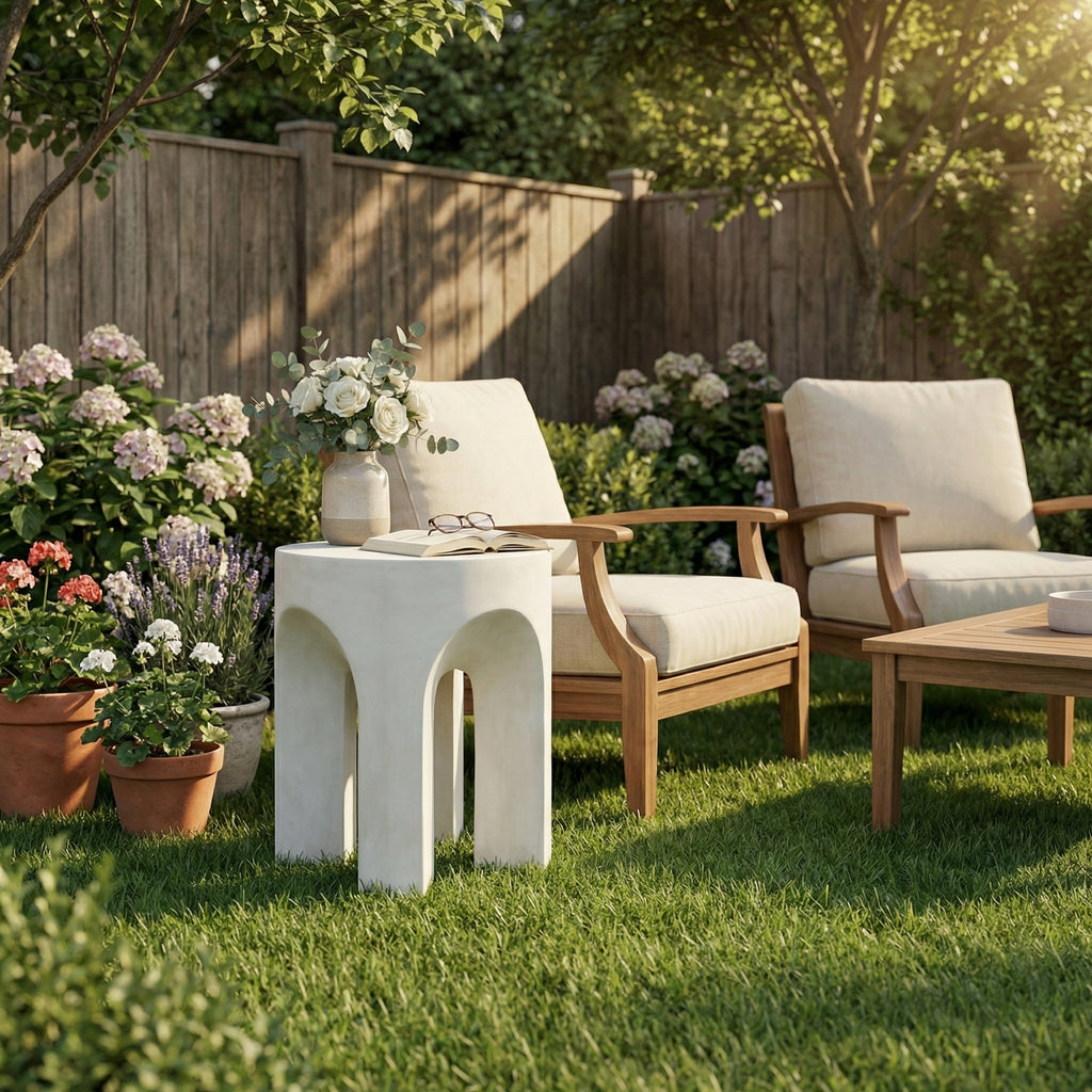 Outdoor Round Top Side Table, Antique White Finish, Living Room Accent Table for Patio, Home, Office - White