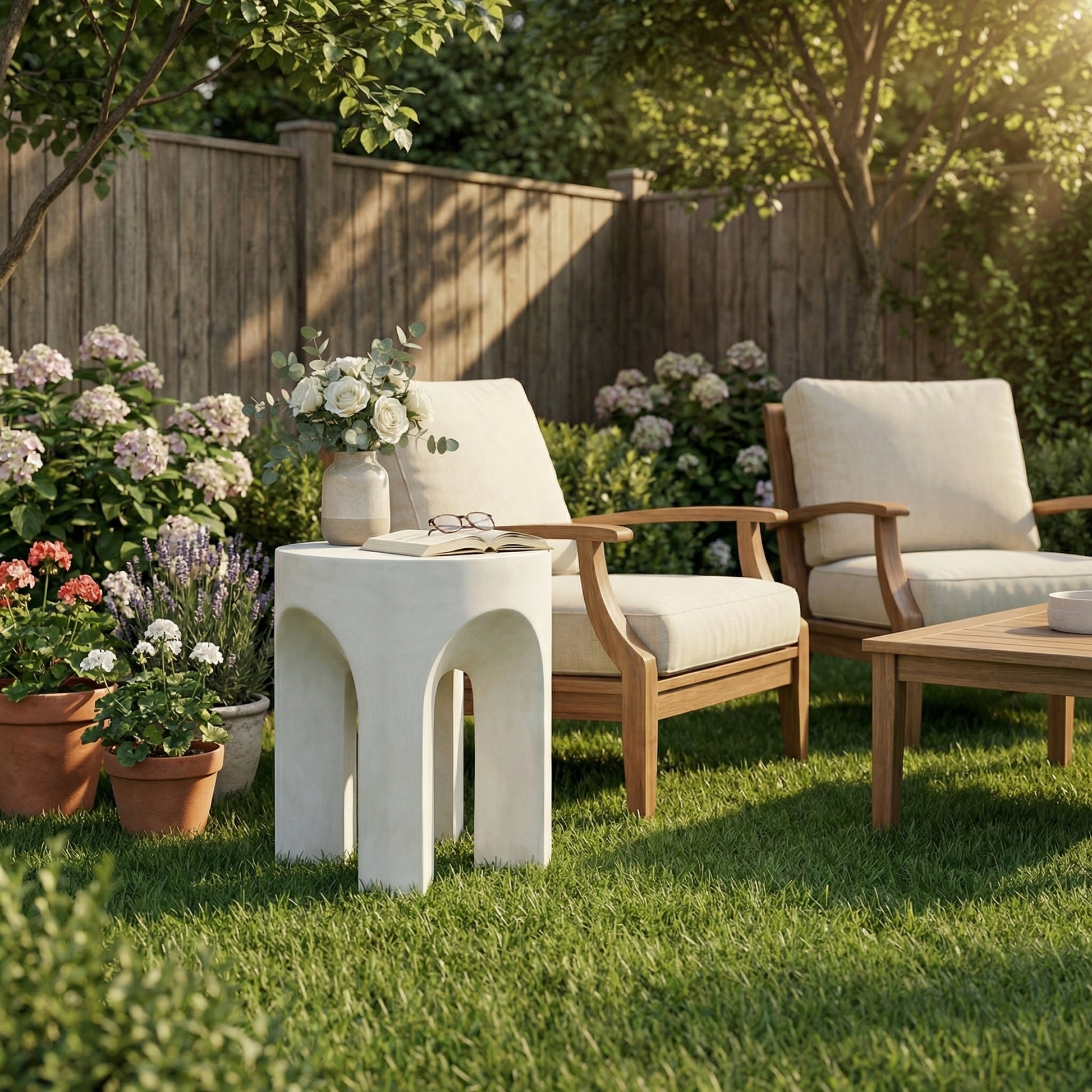 Outdoor Round Top Side Table, Antique White Finish, Living Room Accent Table for Patio, Home, Office - White