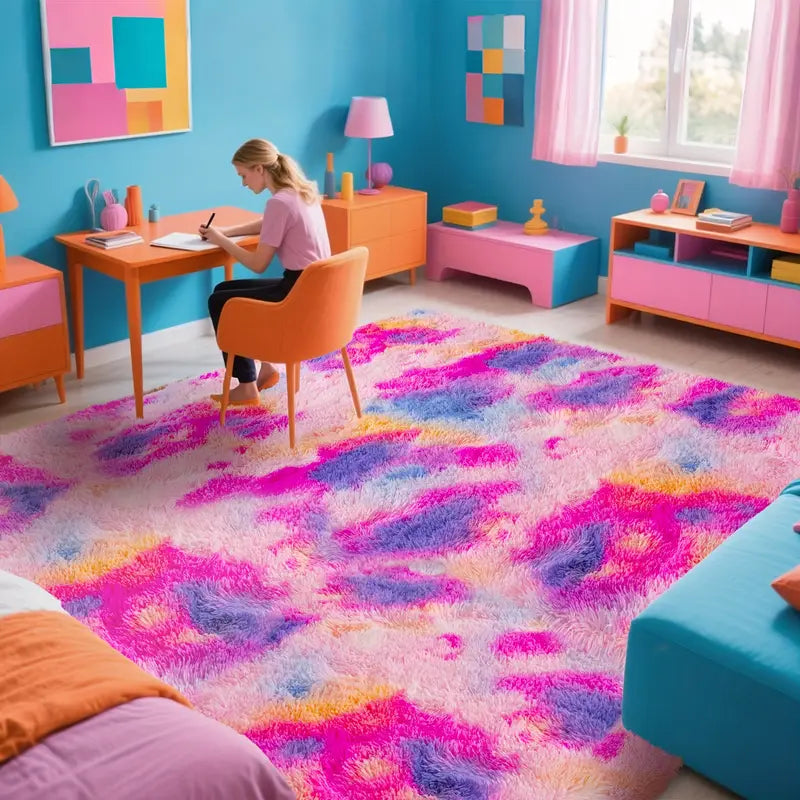 Rainbow Tie-Dyed Shag Rug, Ultra Soft 1.7" Thick, Non-Slip Backing, 100% Polyester, Multi Sizes & Shapes