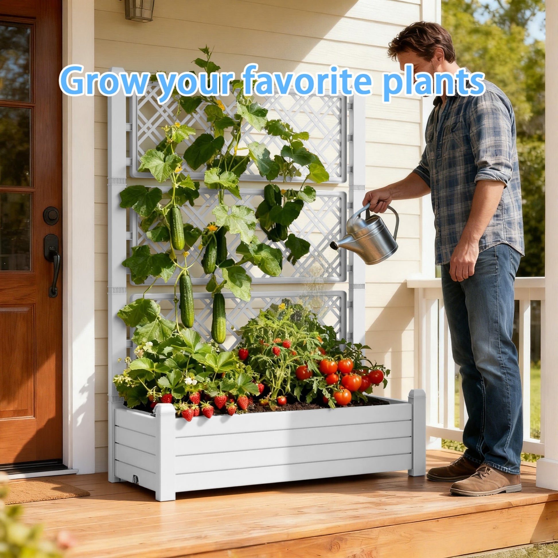 Planter Box with Trellis & Wheels, Large Raised Garden Bed, Outdoor Plastic Planter for Climbing Plants