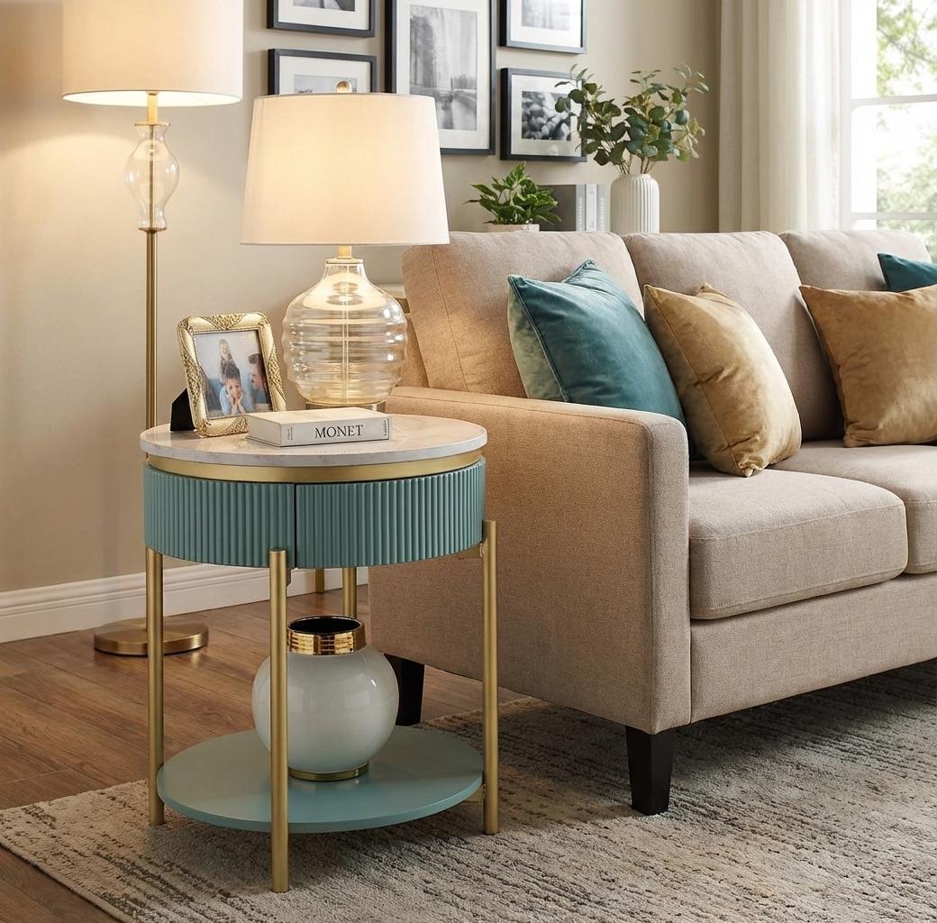 Round End Table, Light Teal with White Faux Marble Top, Matte Gold Steel Frame, Curved Reeded Panels, Concealed Storage Drawer & Open Bottom Shelf