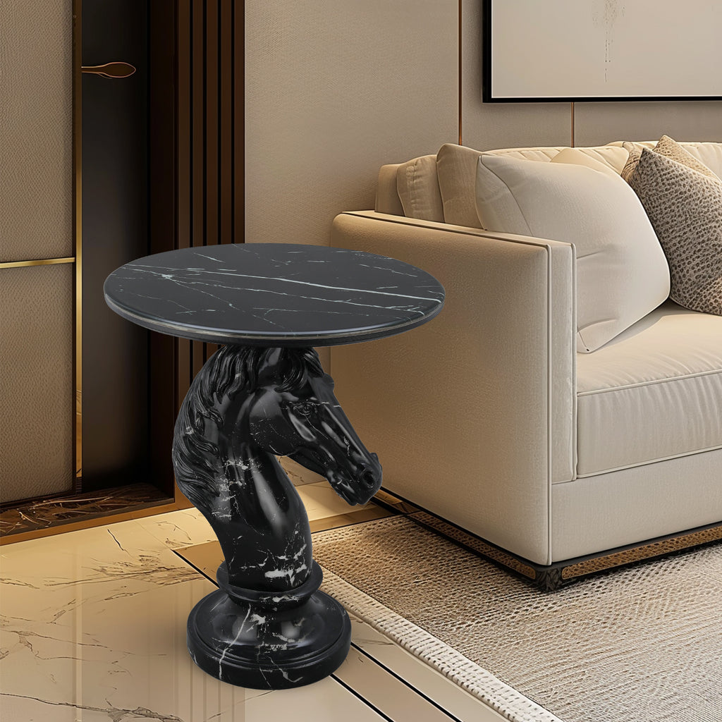 Black Horse Head Accent Table, Animal Statue End Table for Living Room