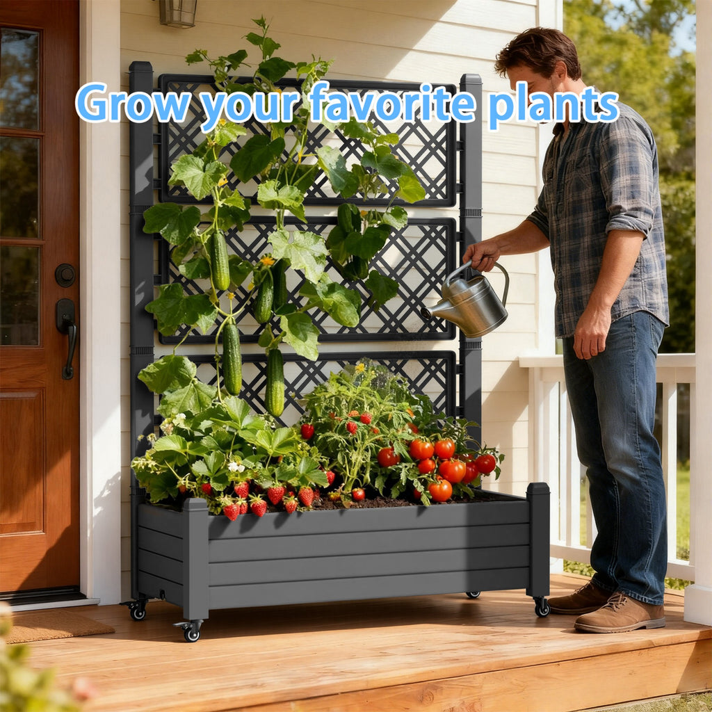 Planter Box with Trellis & Wheels, Large Raised Garden Bed, Outdoor Plastic Planter for Climbing Plants
