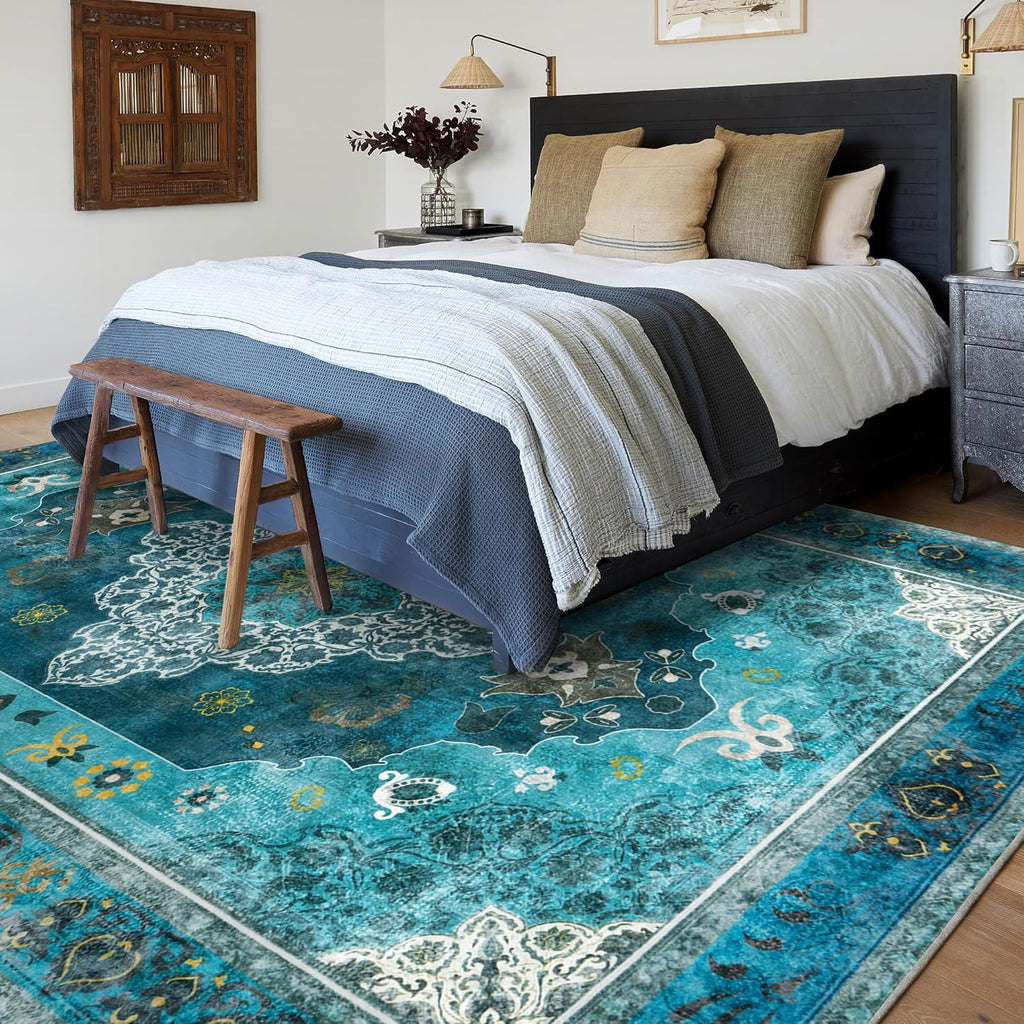 Washable Traditional Area Rug, Thin Foldable Distressed Floral Non-Slip Carpet for Bedroom Living Room Kitchen