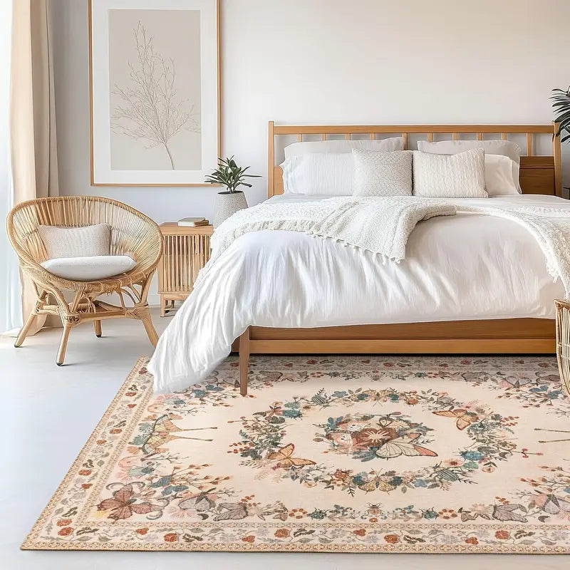 Large Beige Butterfly Floral Area Rug, Ultra-Thin Non-Slip Washable Mat for Living Room & Bedroom
