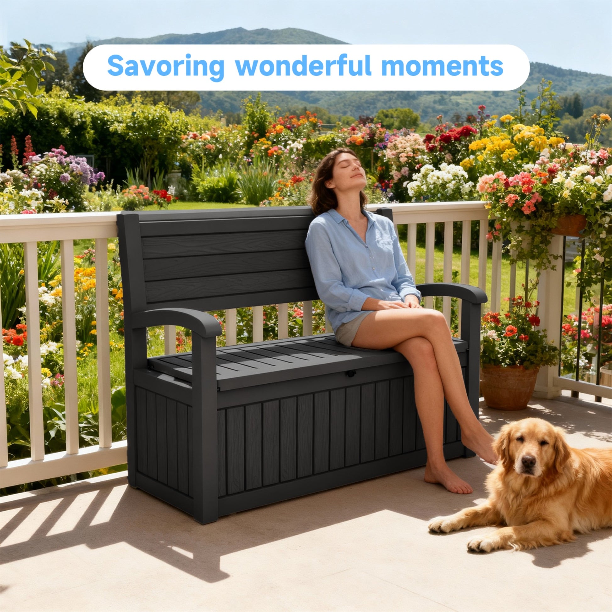 70 Gallon Deck Box, Outdoor Resin Storage Bench with Lid, Durable Patio Storage Box for Organization