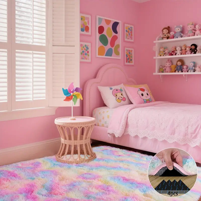 Rainbow Tie-Dye Fluffy Area Rug with Non-Slip Base & 4 Reusable Stickers, Plush Indoor Mat