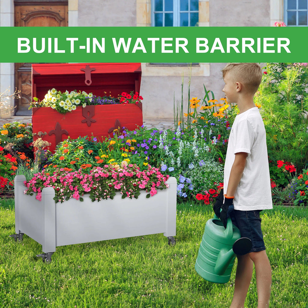 Raised Garden Bed with Wheels, Weatherproof Resin Planter Box with Drain Hole & Water Level for Vegetables