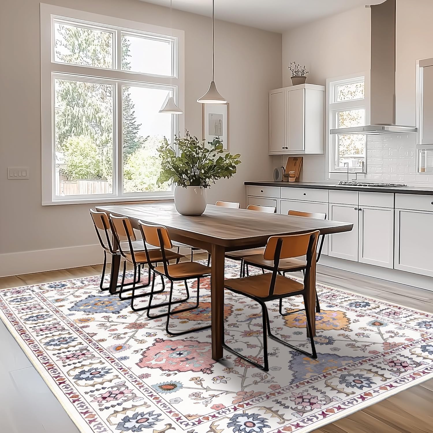 Washable Area Rug, Non-Slip Vintage Floral Carpet for Living Room Bedroom, Kitchen Dining Room Home Decor