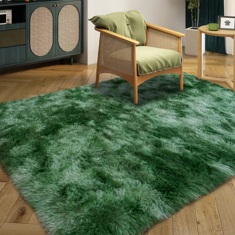 Tie-Dyed Green Fluffy Area Rug, Ultra Soft Non-Slip Mat with 4 Stickers, Multiple Sizes for Home Decor