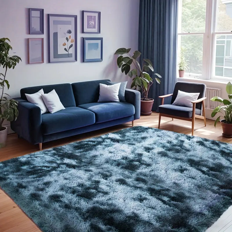 Tie-Dyed Blue Gray Shag Rug, Ultra Soft 1.7" Thick, Non-Slip Backing, 100% Polyester, Multi Sizes