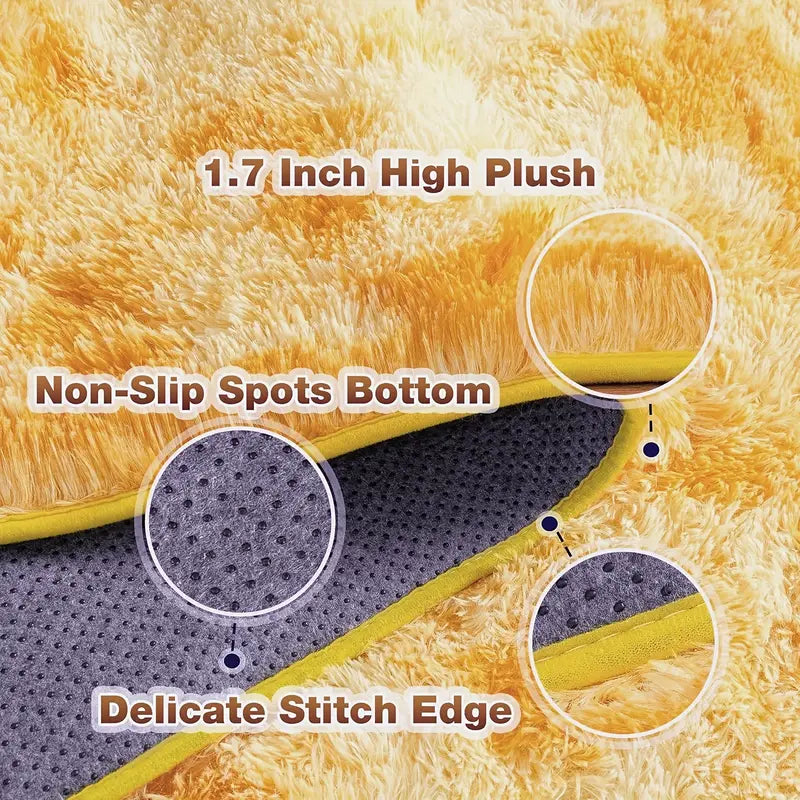 Tie-Dyed Yellow Area Rug with 4 Reusable Stickers, Soft Shaggy Non-Slip Mat for Home Decor