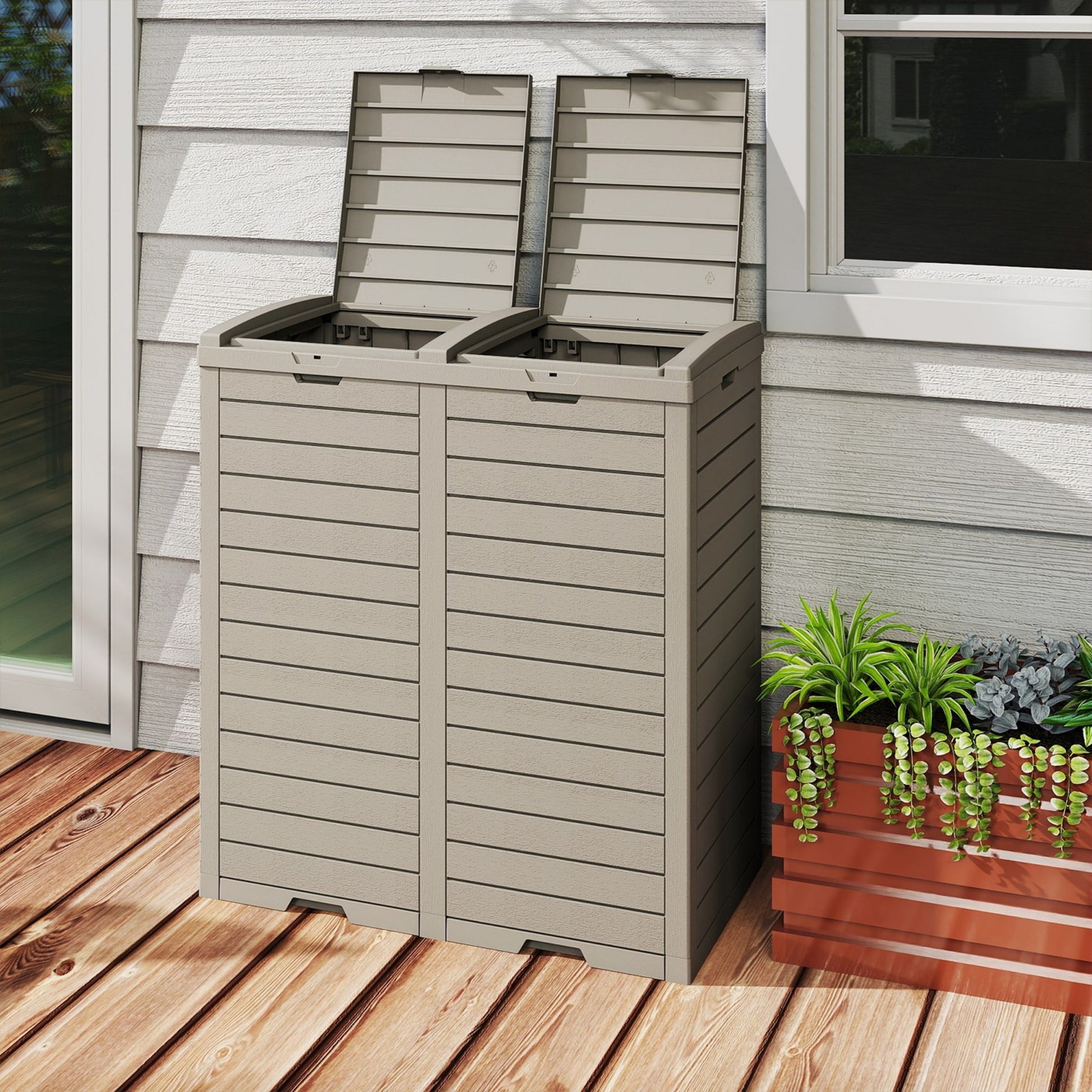 62 Gallon Outdoor Trash Bin, Resin Manual Lift Garbage & Recycling Storage Deck Box with Double-Bucket