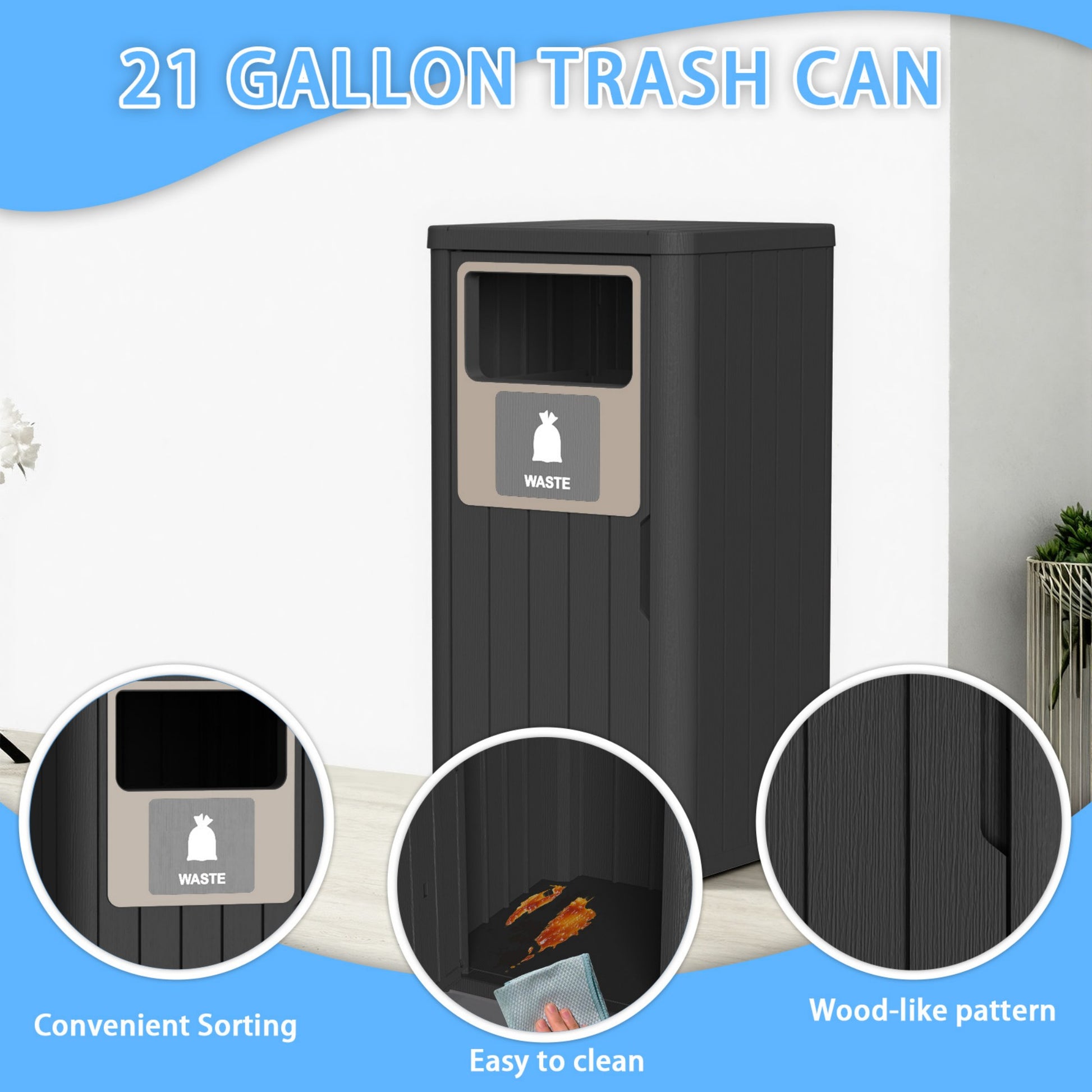 21 Gallon Outdoor Trash Bin, Resin Manual Lift Garbage & Recycling Storage Deck Box with Lid
